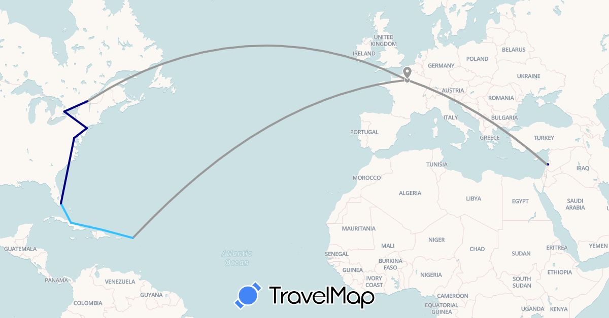 TravelMap itinerary: driving, plane, boat in Canada, Cuba, France, Lebanon, Saint Martin, United States (Asia, Europe, North America)